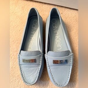 Calvin Klein Baby Blue Leather Slip-On Loafers with Silver Metal Accent